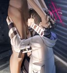  bandaged_hand bandages bar_censor black_hoodie blue_archive caressing_testicles censored commentary_request deepthroat fellatio halo hands_on_another's_head highres hood hoodie ie_(pixiv_101298631) irrumatio jacket male_pubic_hair mask misaki_(blue_archive) nude oral pubic_hair testicles x-ray 