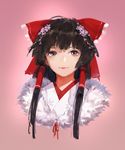  absurdres alternate_costume ascot bangs black_hair bow brown_eyes brown_hair closed_mouth flower fur_trim hair_bow hair_flower hair_ornament hair_tubes hakurei_reimu highres japanese_clothes light_smile looking_at_viewer miko pink_background portrait red_bow short_hair simple_background sola7764 solo touhou 