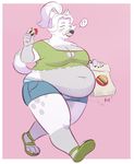  ?! anthro blush canine clothed clothing eating female mammal mochi-squish obese overweight simple_background solo standing 
