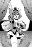  animal_ears bike_shorts cape choker cure_chocolat dog_ears dog_tail earrings extra_ears gloves greyscale hat highres jewelry kenjou_akira kirakira_precure_a_la_mode magical_girl mattsua monochrome necklace open_mouth precure puffy_sleeves short_hair skirt solo tail thighhighs white_gloves 