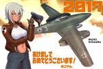  2017 aircraft airplane blue_eyes bomber_jacket breasts covered_nipples formation_girls gloves hat headwear_removed highres iron_cross jacket large_breasts looking_at_viewer me_262 mikoyan military_hat peaked_cap suspenders walthilde_krupinski white_hair 