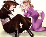  2girls between_legs black_boots black_capelet black_hat black_skirt blonde_hair boots bow breasts brown_eyes brown_hair brown_shoes capelet commentary contrast_collar dress hair_ribbon hand_between_legs hand_rest hat hat_bow juliet_sleeves kneeling long_dress long_skirt long_sleeves looking_at_viewer maribel_hearn medium_hair mob_cap multiple_girls nanasumi_(pantie_party_project) neck_ribbon open_mouth puffy_sleeves purple_dress purple_eyes red_ribbon ribbon sash shirt shirt_tucked_in shoes sitting skirt touhou usami_renko white_bow white_hat white_ribbon white_sash white_shirt 