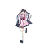  1boy :q animal_ear_fluff animal_ears apron backpack bag black_hair black_shoes blunt_bangs bracelet cho_kaguya-hime! crossdressing crossdressing_(mtf) drop_shadow frilled_apron frilled_kimono frilled_sleeves frills full_body hands_up highres horns japanese_clothes jewelry kimono komazawa_noi long_hair long_sleeves looking_at_viewer male_focus multicolored_hair o-ring o-ring_thigh_strap official_art pink_bag pink_eyes pink_kimono pink_ribbon ribbon second-party_source shoe_soles shoes simple_background smile socks solo standing standing_on_one_leg streaked_hair tachi-e tail thigh_strap tiger_ears tiger_tail tongue tongue_out transparent_background trap twintails waist_apron white_apron white_socks wide_sleeves 