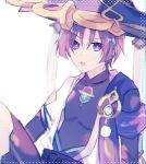  1boy :p anemo_symbol_(genshin_impact) armor arms_at_sides black_bodysuit black_bow black_bridal_gauntlets black_shorts blue_cape blue_gem blue_hat blue_sleeves blunt_ends bodysuit bow bridal_gauntlets cape covered_collarbone feathers gem genshin_impact gold grey_pupils hakama hakama_shorts hashtag-only_commentary hat japanese_armor japanese_clothes jingasa knee_up kote kurokote layered_sleeves looking_at_viewer male_focus mandarin_collar pink_hair pleated_shorts pom_pom_(clothes) purple_eyes purple_theme raised_eyebrow scaramouche_(genshin_impact) short_sleeves shorts shoulder_peek sitting solo tongue tongue_out wanderer_(genshin_impact) white_background white_sleeves yellow_feathers zkym78 