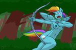  2017 anthro anthrofied arrow bow_(weapon) breasts equine ethanqix feathered_wings feathers female friendship_is_magic hair holding_object holding_weapon mammal multicolored_hair my_little_pony nipples nude open_mouth outside pegasus rainbow_dash_(mlp) rainbow_hair ranged_weapon solo tree weapon wings 