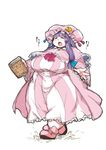  bangs blunt_bangs blush book bun_cover closed_eyes commentary d: double_bun fat hat heavy_breathing hiro_(h-net) long_hair mob_cap obese open_mouth patchouli_knowledge pink_footwear purple_hair shoes solo sweat touhou walking 