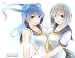  :d asymmetrical_docking blue_eyes blue_hair breast_press breasts commentary_request double_bun hair_ornament hair_over_one_eye hairclip hamakaze_(kantai_collection) highres hug kantai_collection large_breasts long_hair multiple_girls no_hat no_headwear open_mouth pleated_skirt school_uniform serafuku short_hair silver_hair skirt sleeves_rolled_up smile symmetrical_docking tebi_(tbd11) urakaze_(kantai_collection) white_hair yellow_neckwear 