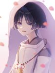  1boy arm_at_side bishie_sparkle black_hair blunt_ends blurry choppy_bangs clothing_cutout commentary_request depth_of_field eyeliner falling_petals feathers genshin_impact gyuunyuu_no_yousei japanese_clothes kariginu kimono layered_sleeves looking_at_viewer makeup male_focus mandarin_collar open_mouth petals pink_petals pink_veil pom_pom_(clothes) port purple_eyes purple_kimono purple_sleeves red_eyeliner scaramouche_(genshin_impact) scaramouche_(kabukimono)_(genshin_impact) see-through_clothes see-through_veil shoulder_cutout solo string veil white_background white_sleeves yellow_feathers 