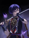  1boy blue_eyes blue_hair bug butterfly chinese_commentary closed_mouth commentary_request crystalfly_(genshin_impact) genshin_impact glowing_butterfly hair_intakes hand_on_own_face head_tilt highres holding holding_sword holding_weapon japanese_clothes jewelry katana light_particles pendant purple_butterfly qingqizhe64323 scaramouche_(genshin_impact) shade shaded_face short_sleeves solo standing sword upper_body weapon 