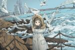  1girl :d absurdres animal_on_head arm_up bird bird_on_head black_sweater blush brown_eyes brown_hair brown_trim building chain-link_fence city cliff cloud cloudy_sky coat commentary cowboy_shot crinoids day dot_nose empty_eyes fence fur-trimmed_coat fur_trim highres layered_clothes light_blush light_smile looking_at_viewer ocean on_head open_hands original parted_bangs pocket rock scenery seagull short_hair sidelocks sky smile solo standing sweater too_many too_many_birds watch water waves white_bird white_coat 