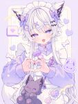  1girl absurdres animal_ears apron artist_request blue_eyes bone_hair_ornament bone_print bow charm_(object) commentary_request cowboy_shot fang fox_ears fox_print fox_tail gerat grid_background hair_bow hair_ornament hairclip half-closed_eyes hands_up heart heart_hands heart_print heterochromia highres indie_virtual_youtuber jacket jersey_maid light_blush long_sleeves looking_at_viewer maid maid_apron nail_polish paw_print pixel_heart purple_bow purple_eyes purple_jacket purple_nails red_nails second-party_source short_hair_with_long_locks skin_fang smile smug solo stuffed_fox tail track_jacket turtleneck turtleneck_jacket unconventional_maid ururu_uru white_apron white_hair x_hair_ornament yume_kawaii 