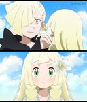  1girl akika_821 bangs blonde_hair blue_sky blunt_bangs blush braid brother_and_sister closed_mouth cloud cloudy_sky commentary_request day ear_piercing face flower gladio_(pokemon) green_eyes hair_flower hair_ornament hair_over_one_eye highres lillie_(pokemon) long_hair outdoors piercing pokemon pokemon_(anime) pokemon_sm_(anime) siblings sky smile split_screen twin_braids 