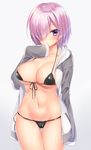  1girl bikini black_bikini black_panties blush breasts cameltoe cleavage collarbone fate/grand_order fate_(series) front-tie_bikini front-tie_top grey_background grey_jacket hair_over_one_eye hand_to_own_mouth hood hoodie large_breasts long_sleeves looking_at_viewer micro_bikini mitsuba_choco navel panties pink_hair purple_eyes shielder_(fate/grand_order) short_hair side-tie_panties simple_background skindentation sleeves_past_wrists solo swimsuit underwear upper_body waifu2x 