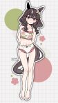  1girl absurdres animal_ears arms_behind_back bare_shoulders barefoot bikini blush bow braid braided_sidelocks breasts brown_eyes brown_hair closed_mouth collarbone commentary_request curren_bouquetd'or_(umamusume) dated ear_bow ear_covers earrings floral_print floral_print_bikini grey_eyes hair_between_eyes hair_ornament highres horse_ears horse_girl horse_tail jewelry long_braid long_hair looking_at_viewer midriff navel print_bikini saramiao-chan simple_background single_earring small_breasts smile solo swimsuit tail twin_braids twitter_username umamusume white_background white_bikini white_streaks 