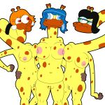  1:1 absurd_res anthro beatrice_(doobus_goobus) big_breasts blue_tongue breast_squish breasts brenda_(doobus_goobus) doobus_goobus_(copyright) dots ear_piercing ear_ring female genitals giraffe giraffid group hair hi_res jewelry lewdware mammal nipples nude piercing ring_piercing sophie_(doobus_goobus) squish tongue tongue_out trio vulva yellow_body 