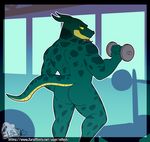  anthro butt dragon elfein exercise facial_hair goatee horn looking_at_viewer male muscular nude solo standing weightlifting workout 