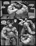  2017 3d_(artwork) abs after_orgasm anthro back_muscles balls beard biceps big_muscles big_penis bovine braford butt cattle comic cum cum_on_penis cum_on_stomach dialogue digital_media_(artwork) duo equine erection eyes_closed facial_hair fur hair hat hooves horn horse huge_muscles licking male male/male mammal muscular muscular_male nipples nude pecs penis pubes saliva sex speech_bubble standing sweat sweatband table tongue tongue_out vein wristband 
