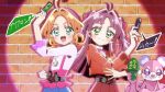  2girls ahoge akechi_anna belt blush brick_wall commentary_request company_connection doubledriver dress gaia_memory green_eyes green_slippers hair_ornament henshin henshin_pose holding jewelry kamen_rider kamen_rider_w kobayashi_mikuru long_hair looking_at_viewer meitantei_precure! mu-chu multiple_girls muscular open_mouth orange_hair pochi-tan precure purple_eyes purple_hair rider_belt slippers smile spotlight upper_body 