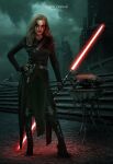  1girl automatan black_pants blonde_hair darth_zannah double_bladed_lightsaber energy_sword highres lightsaber makeup pants red_lightsaber science_fiction sith star_wars sword weapon 