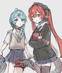  2girls ahoge alternate_costume black_car black_cardigan black_horns black_skirt black_thighhighs blue_hair book brown_cardigan car cardigan collared_shirt cowboy_shot curled_horns dragon_girl dragon_horns flower_hairpin green_eyes highres holding holding_book horns long_hair looking_at_viewer magus_(zenless_zone_zero) mechanical_tail motor_vehicle multiple_girls orphie_magnusson red_hair school_uniform seed_(zenless_zone_zero) shirt skirt smile tail thighhighs vvo_uvv white_shirt winter_uniform zenless_zone_zero 