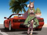  1girl absurdres animal_ears black_thighhighs blue_sky brown_eyes brown_hair car commentary_request day dress ear_ornament full_body green_dress hair_between_eyes hand_up highres horse_ears horse_girl long_hair looking_at_viewer motor_vehicle multicolored_hair open_mouth outdoors palm_tree red_car satono_diamond_(natural_brilliance)_(umamusume) satono_diamond_(umamusume) sky sleeves_past_fingers sleeves_past_wrists smile solo standing streaked_hair thighhighs tree tussy umamusume vehicle_request white_streaks 