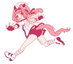  1girl angel_wings animal_ears blush bow buruma commentary_request ear_bow ear_covers fingerless_gloves flower-shaped_pupils flower_in_eye full_body gloves halo haru_urara_(bestest_prize)_(umamusume) haru_urara_(umamusume) headband highres horse_ears horse_girl horse_tail jacket long_hair looking_at_viewer open_mouth pink_buruma pink_eyes pink_hair pink_headband ponytail red_buruma red_gloves red_headband running saramiao-chan shirt shoes simple_background smile socks solo striped_clothes striped_socks symbol-shaped_pupils symbol_in_eye tail umamusume white_background white_jacket white_shirt wings 