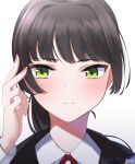  1girl artist_name black_hair close-up commentary_request green_eyes heaven_burns_red highres natsume_inori negino_yurine simple_background 
