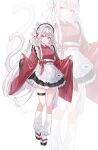 1girl absurdres animal_ears apron black_dress black_survival black_trim blunt_bangs cat_ears cat_girl cat_tail character_name commentary_request dress eternal_return:_black_survival full_body highres japanese_clothes kimono korean_commentary light_blush long_hair loose_socks maid maid_apron maid_headdress minami_rio okobo open_mouth platform_sandals red_kimono red_rope rope sandals seiza sidelocks sitting socks standing syul_(se_1s3v) tail thigh_strap thighs tsurime unconventional_maid white_apron white_hair white_socks white_tail yellow_eyes zoom_layer 