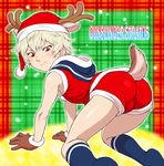  1boy all_fours antlers ass blonde_hair gloves gunslinger_stratos male_focus red_eyes reindeer remy_odhner santa_costume shota socks solo yamamiya_hiroshi young 