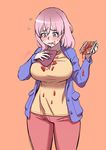  blue_jacket cleaning commentary crying food food_on_face handkerchief highres jacket jam kjech messy muja_kina pants pink_hair purple_eyes rag sweat tan_shirt track_pants waffle yandere_simulator 