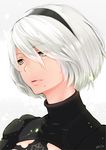  black_dress blue_eyes cleavage_cutout dress hairband juliet_sleeves lips long_sleeves looking_away mole mole_under_mouth nanahime nier_(series) nier_automata no_blindfold parted_lips puffy_sleeves short_hair silver_hair solo thick_lips yorha_no._2_type_b 
