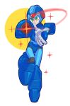  1boy aiming aiming_at_viewer android arm_cannon armor blue_armor blue_helmet commentary_request forehead_jewel full_body g_nm_k green_eyes helmet korean_commentary male_focus mega_man_(series) mega_man_x_(series) simple_background solo weapon white_background x_(mega_man) 