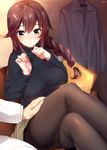  admiral_(kantai_collection) alternate_costume bangs black_sweater blush braid breasts brown_hair casual crossed_legs dragonmaterial flustered green_eyes hand_on_another's_thigh jacket kantai_collection large_breasts legs long_hair long_sleeves noshiro_(kantai_collection) pantyhose pillow pleated_skirt ribbed_sweater shiny shiny_clothes sidelocks sitting skirt smile solo_focus sweatdrop sweater thighband_pantyhose thighs turtleneck yellow_skirt 