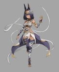  1girl absurdres ancient_egyptian_clothes animal_ears anklet anubis_(mythology) armlet bandages black_hair bracelet breasts bridal_legwear circlet claw_ring commentary_request dark-skinned_female dark_skin earrings eye_of_horus full_body grey_background hair_intakes highres jackal_ears jewelry looking_at_viewer medium_breasts original pelvic_curtain solo thighhighs usekh_collar user_nxmx2827 waist_cape 