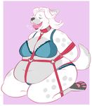  anthro bdsm bondage bound bra breasts canine clothing collar female kneeling mammal mochi-squish obese overweight smile solo tongue tongue_out underwear 