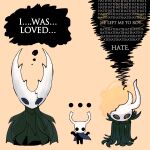  ... 3others black_skin blue_cloak broken_vessel_(hollow_knight) cloak colored_skin cracked_mask dripping_eye english_text facing_viewer glowing glowing_eyes green_cloak hands_up highres hollow_eyes hollow_knight hollow_knight_(character) horned_mask horns knight_(hollow_knight) liquid_from_eyes looking_at_viewer looking_down mask multiple_others mutation orange_background orange_eyes shrugging simple_background speech_bubble straight-on thought_bubble white_mask yeetabix yellow_liquid 