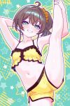  1girl :d absurdres ahoge armpits black_ribbon brown_hair camisole commentary finn_flint frilled_camisole frills green_eyes hair_between_eyes hair_ribbon highres hololive looking_at_viewer medium_hair natsuiro_matsuri natsuiro_matsuri_(matsuri's_day_off) navel official_alternate_costume ribbon scrunchie short_shorts shorts side_ponytail sidelocks smile solo split standing standing_on_one_leg standing_split stomach virtual_youtuber yellow_camisole yellow_scrunchie yellow_shorts 