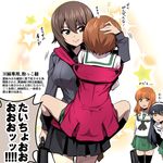  baby_carrier bag blush brown_eyes brown_hair commentary girls_und_panzer green_skirt hairband kuromorimine_school_uniform long_hair military military_uniform multiple_girls nakahira_guy nishizumi_maho nishizumi_miho ooarai_school_uniform petting pleated_skirt reizei_mako school_bag school_uniform serafuku short_hair skirt smile sparkle star takebe_saori translated uniform wavy_hair 