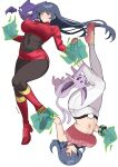  2girls absurdres black_bodystocking boots breasts crop_top dual_persona energy espeon floating full_body hashtag-only_commentary haunter highres knee_up large_breasts long_hair long_sleeves medium_hair multiple_girls pantyhose pinepin pokemon pokemon_(creature) pokemon_frlg pokemon_hgss red_eyes sabrina_(pokemon) upside-down very_long_hair white_background 