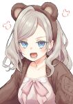  1girl :d absurdres animal_ear_hairband animal_ears bear_ear_hairband bear_ears bow breasts brown_cardigan brown_hairband cardigan ceras_yanagida_lilienfeld ceras_yanagida_lilienfeld_(winter_loungewear) commentary dress dress_bow fake_animal_ears grey_hair hairband highres link!_like!_love_live! long_hair looking_at_viewer love_live! lower_teeth_only medium_breasts mendo_(mend0o0) open_cardigan open_clothes open_mouth pink_bow pink_dress simple_background smile solo teeth upper_body v-shaped_eyebrows virtual_youtuber white_background 