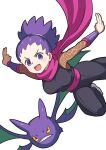  1girl :d absurdres breasts cianter commentary crobat english_commentary fishnets highres janine_(pokemon) japanese_clothes looking_at_viewer mixed-language_commentary ninja open_mouth pink_scarf pokemon pokemon_(creature) pokemon_hgss purple_eyes purple_hair scarf smile teeth upper_teeth_only v-shaped_eyebrows white_background 