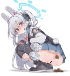  1girl :< aku0 anal_prolapse animal_ear_headphones animal_ears ankle_boots ankle_socks anus ass ass_focus bar_censor black_boots black_bow black_gloves blue_archive blue_halo blue_skirt blue_socks blush blush_visible_through_hair boots bow censored closed_mouth clothes_writing colored_shoe_soles commentary defecating double-parted_bangs embarrassed english_text fake_animal_ears from_behind from_below frown full_body gloves grey_hair hair_between_eyes hair_bow halo hand_on_own_knee headphones heavy_breathing highres long_hair long_sleeves looking_at_viewer looking_back miniskirt miyako_(blue_archive) mosaic_censoring multicolored_gloves neckerchief no_panties nose_blush perineum petite pink_gloves pink_neckerchief pleated_skirt prolapse puckered_anus puffy_long_sleeves puffy_sleeves purple_eyes pussy rabbit_ear_headphones rabbit_ears rabbit_tail scat shadow sidelocks simple_background skirt smell socks solo squatting sweat tail tareme two-tone_gloves two_side_up v-shaped_eyebrows very_long_hair white_background white_tail 