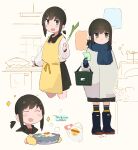  1girl 1other absurdres apron black_skirt black_thighhighs blue_boots blue_gloves blue_neckerchief blue_scarf boots bowl brown_hair coat commentary_request cooking detached_hair food food_name fubuki_(kancolle) fubuki_kai_ni_(kancolle) gloves green_eyes grey_coat highres holding holding_bowl holding_food holding_spring_onion holding_vegetable kantai_collection long_sleeves low_ponytail ma_rukan medium_hair multiple_views neckerchief noodles oven_mitts pleated_skirt ponytail scarf school_uniform serafuku shirt shopping sidelocks signature skirt sparkle spring_onion thighhighs udon vegetable white_shirt yellow_apron 
