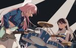  2girls ^_^ absurdres bang_dream! bang_dream!_it's_mygo!!!!! black_choker black_hair blue_jacket blush chihaya_anon choker closed_eyes coldcat. commentary_request commission drumsticks electric_guitar fang glowstick guitar highres holding holding_drumsticks holding_plectrum instrument jacket light_particles long_hair long_sleeves midriff multiple_girls music open_mouth penlight_(glowstick) pink_hair playing_drums playing_guitar playing_instrument plectrum purple_eyes second-party_source shiina_taki skirt white_skirt 