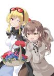  2girls :d ahoge basket berry blonde_hair blueberry blush breasts brown_eyes brown_hair brown_sweater double-parted_bangs dress eyewear_on_head food fruit glawsbsxpytn7j9 gloves hair_between_eyes hashtag-only_commentary highres holding holding_basket hololive hololive_english hololive_indonesia kaela_kovalskia kaela_kovalskia_(1st_costume) large_breasts long_hair looking_at_viewer medium_hair multicolored_hair multiple_girls nanashi_mumei nanashi_mumei_(casual) official_alternate_costume official_alternate_hairstyle open_mouth raspberry red-tinted_eyewear red_eyes red_gloves simple_background smile streaked_hair sunglasses sweater tinted_eyewear virtual_youtuber white_background white_dress 