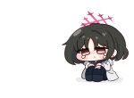  1girl beleullin black_hair blue_archive chibi chibi_only commentary ear_piercing halo highres misaki_(blue_archive) piercing red_halo sitting solo tears 