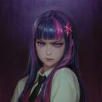  1girl black_necktie blue_hair blunt_bangs byger collared_shirt dress_shirt frown furrowed_brow glowing glowing_eyes gradient_background hair_ornament looking_at_viewer multicolored_hair my_little_pony my_little_pony:_equestria_girls my_little_pony:_friendship_is_magic necktie no_eyewear pink_vest purple_background purple_eyes purple_hair shirt solo star_(symbol) star_hair_ornament straight_hair streaked_hair twilight_sparkle twilight_sparkle_(human) upper_body vest white_shirt 