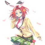  animal_ears blue_eyes bunny_ears bunny_tail code_geass heart kallen_stadtfeld lac. long_sleeves petals red_hair red_neckwear shirt short_hair simple_background skirt smile solo tail white_shirt 