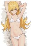  1girl armpits arms_behind_head bikini blonde_hair breasts commentary_request h4sh1rnoto highres long_hair lying monogatari_(series) navel on_back oshino_shinobu side-tie_bikini_bottom small_breasts solo stomach swimsuit thighs very_long_hair white_bikini yellow_eyes 