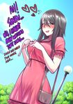  alternate_costume ayano_aishi bag black_eyes black_hair blush commentary dress english handbag heart heart-shaped_pupils highres kjech lamppost pink_dress symbol-shaped_pupils tree yandere_simulator 